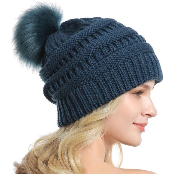 Women Dark Teal Soft Acrylic Thick Baggy Knit Winter Faux Fur Pompom Beanie - Picture 4 of 6